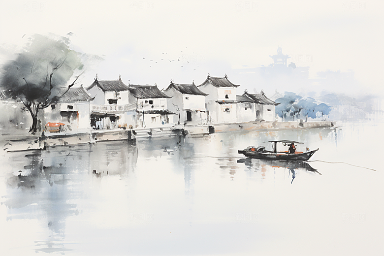 水墨江南晕染粉墙黛瓦插画