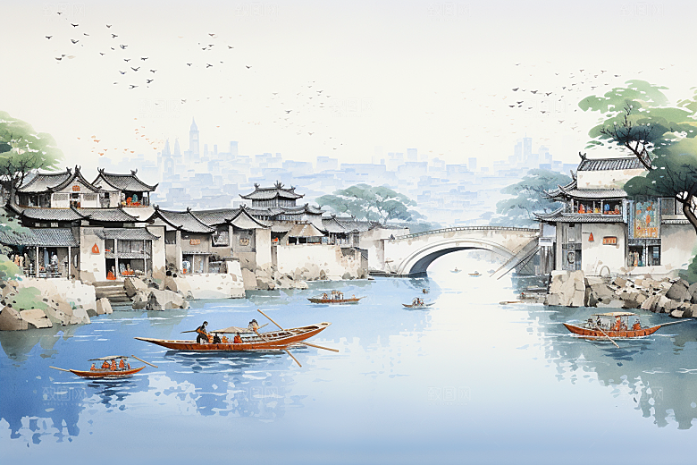 水墨江南水彩晕染插画