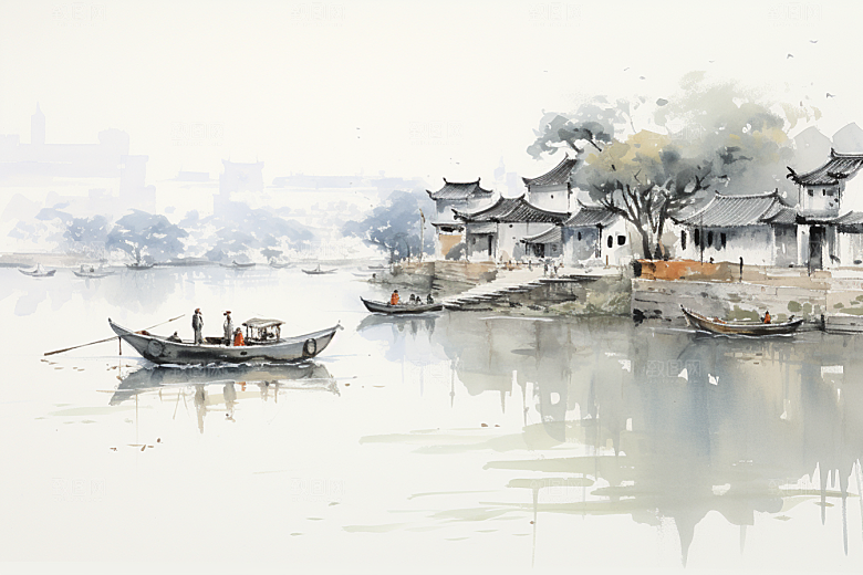 水墨江南水乡中国风插画