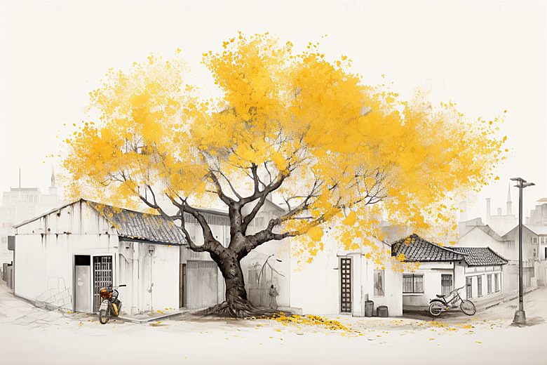 水墨江南小桥流水晕染插画