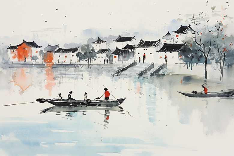 水墨江南手绘小桥流水插画