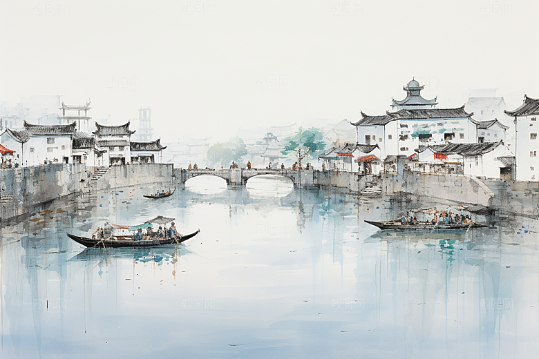 水墨江南手绘水乡插画