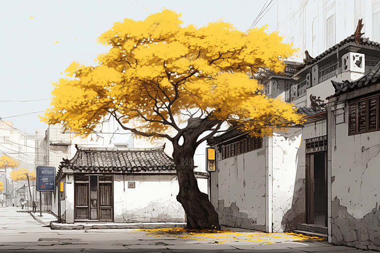 水墨江南粉墙黛瓦小桥流水插画