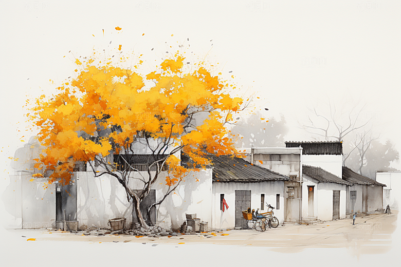 水墨江南小镇粉墙黛瓦插画