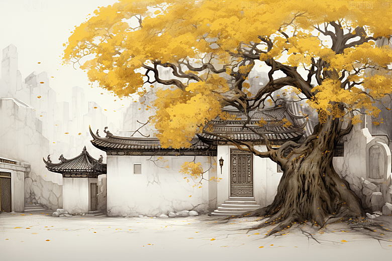 水墨江南水乡手绘插画