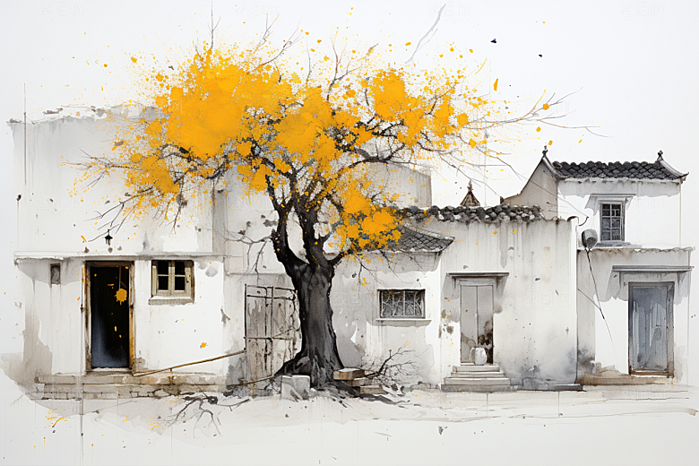 水墨江南小镇小桥流水插画