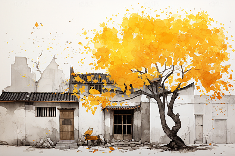 水墨江南中式小桥流水插画