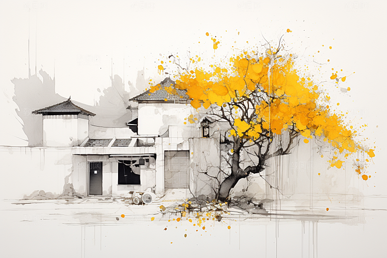 水墨江南中国风小镇插画