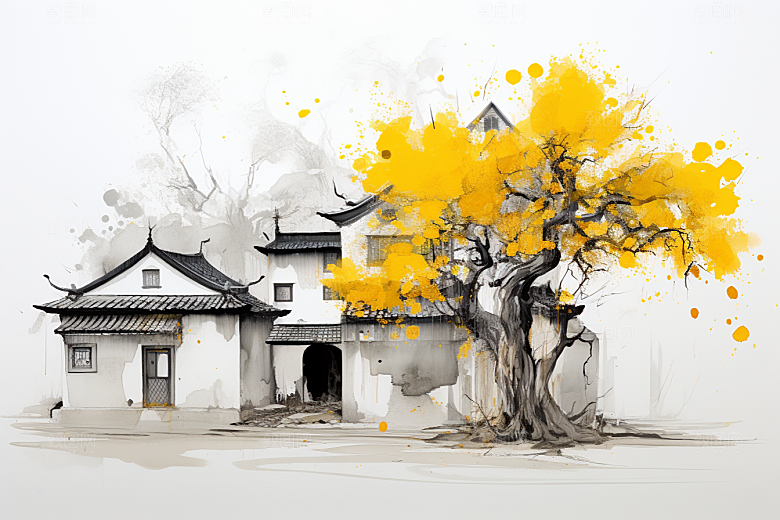 水墨江南小桥流水手绘插画