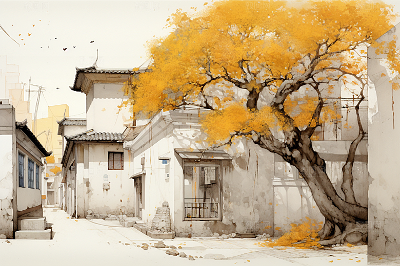 水墨江南小桥流水中式插画