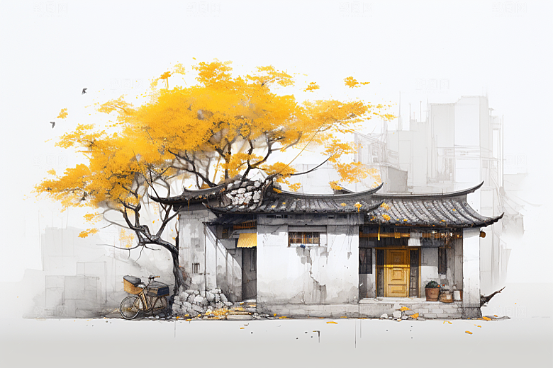 水墨江南小镇水彩插画