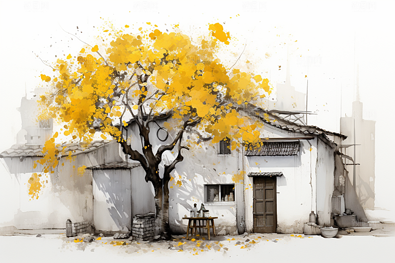 水墨江南手绘水彩插画