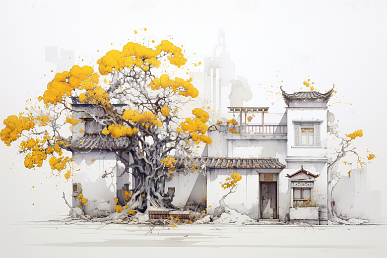 水墨江南中式晕染插画