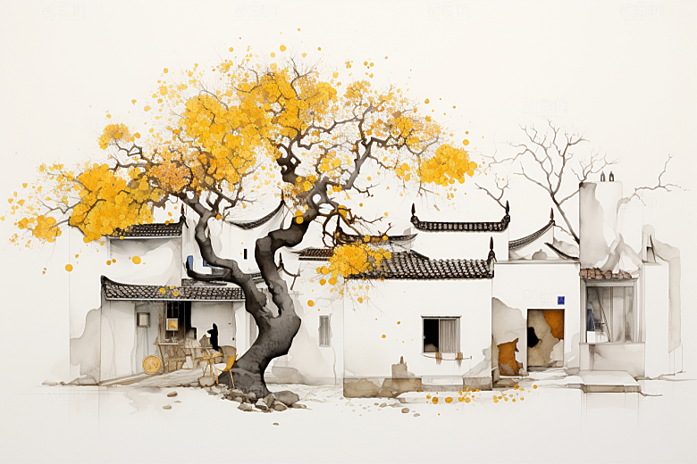 水墨江南水彩小镇插画