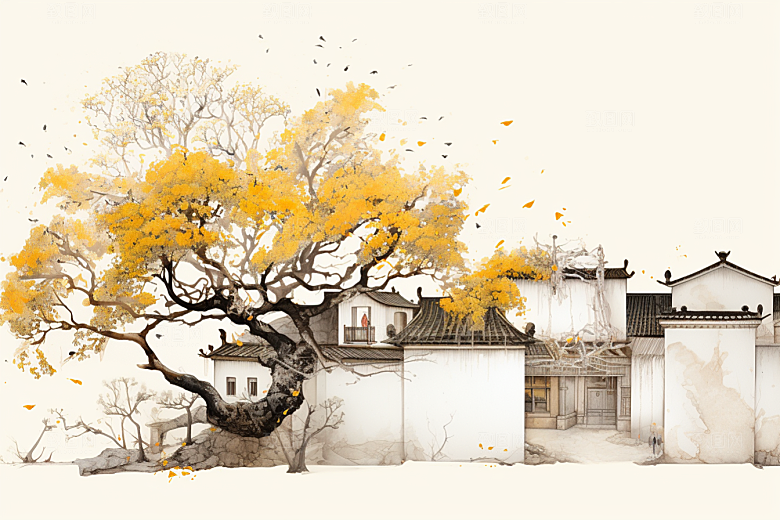 水墨江南粉墙黛瓦晕染插画