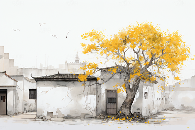 水墨江南手绘水彩插画