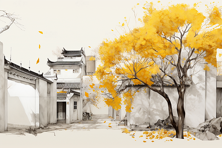 水墨江南晕染手绘插画