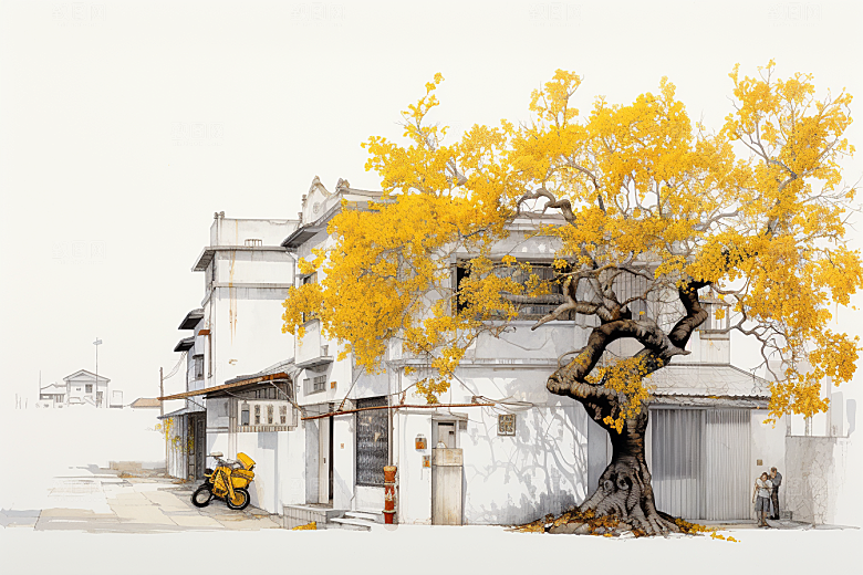 水墨江南小镇中式插画