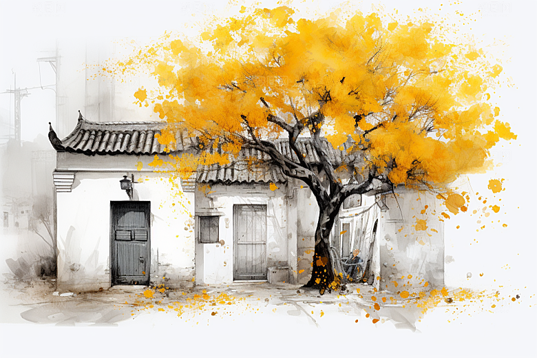 水墨江南水彩晕染插画