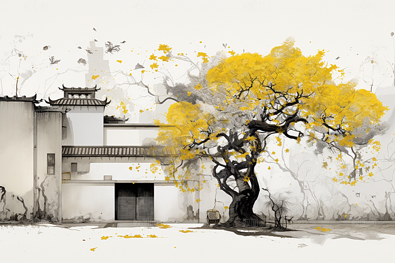 水墨江南粉墙黛瓦小镇插画