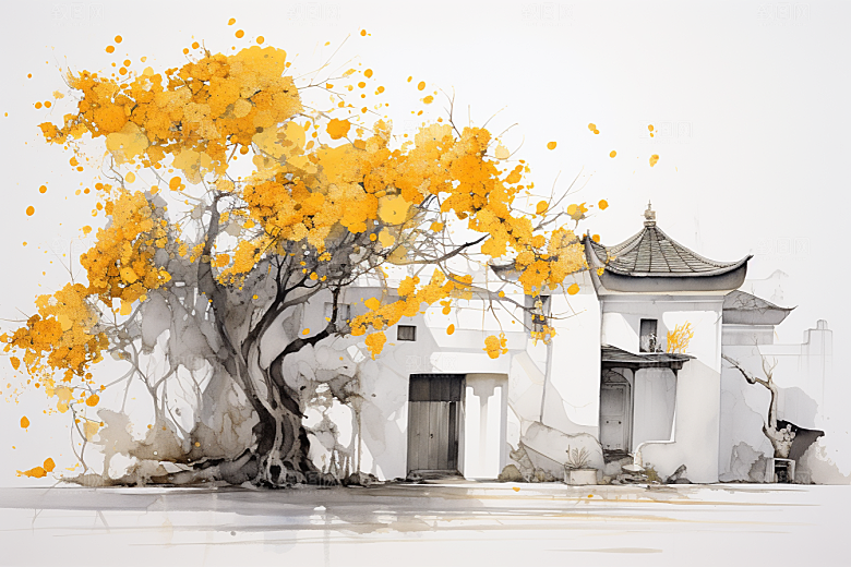 水墨江南水彩小桥流水插画