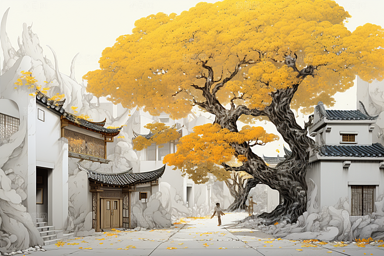 水墨江南中式水乡插画