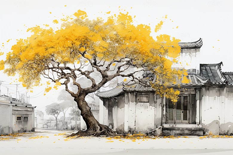 水墨江南晕染手绘插画