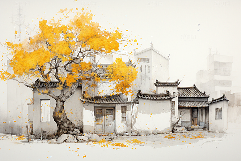 水墨江南小镇水乡插画