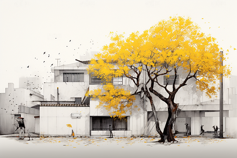 水墨江南手绘水彩插画
