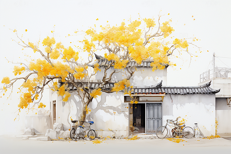 水墨江南粉墙黛瓦水乡插画