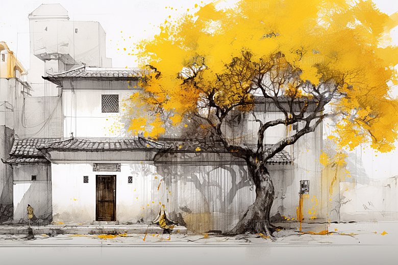 水墨江南粉墙黛瓦晕染插画