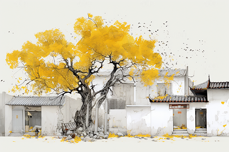 水墨江南水乡小桥流水插画