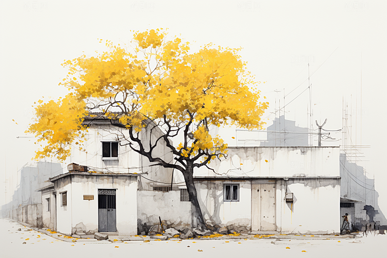 水墨江南中国风小镇插画