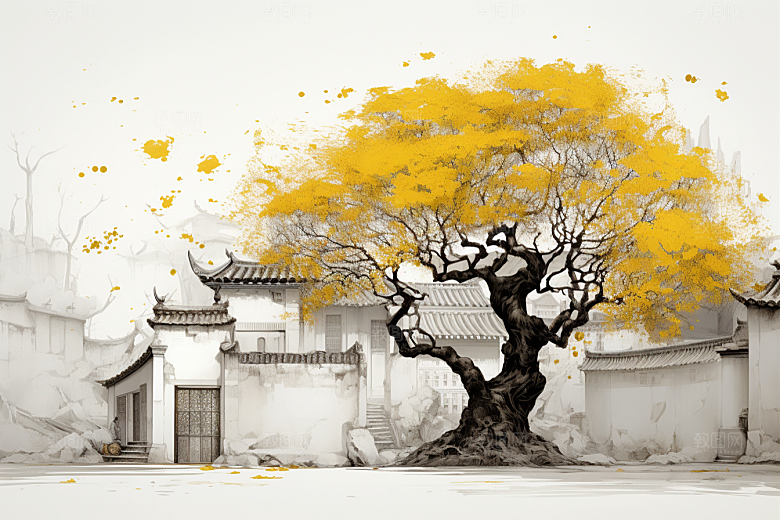 水墨江南晕染小镇插画