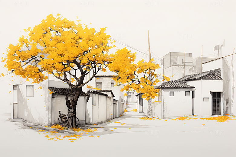 水墨江南小桥流水粉墙黛瓦插画