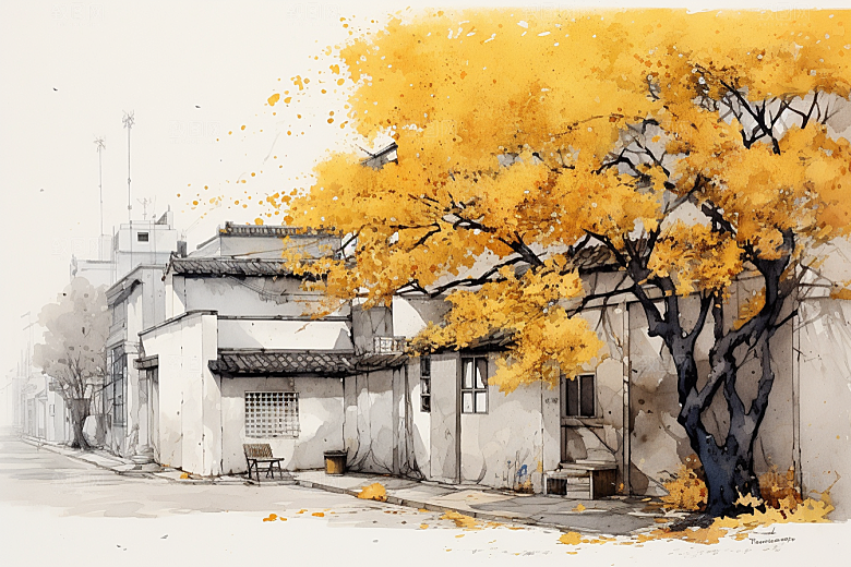 水墨江南晕染水彩插画