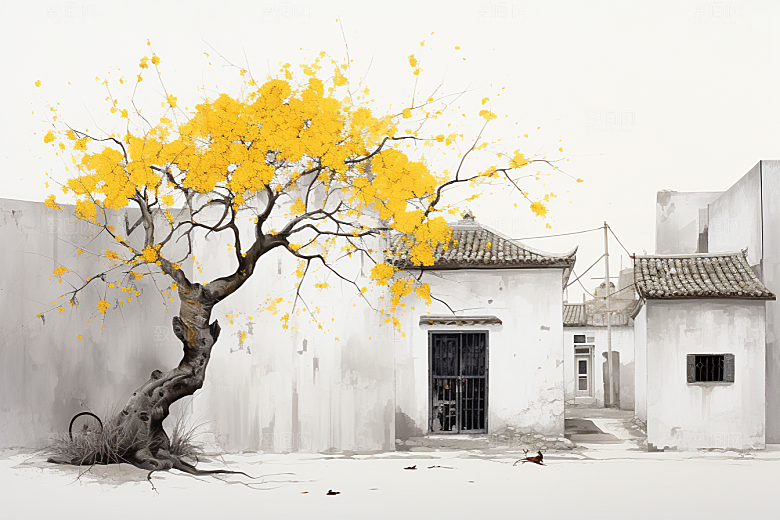 水墨江南粉墙黛瓦水乡插画