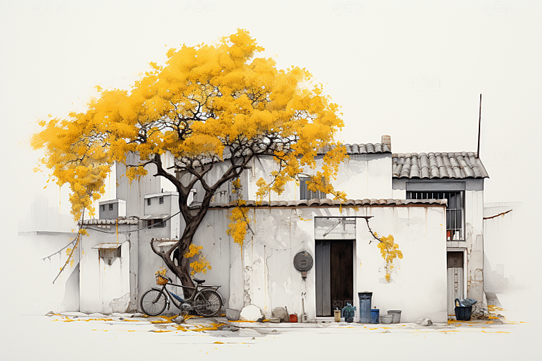 水墨江南小镇中式插画