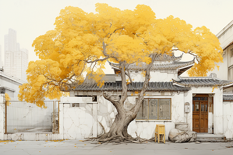 水墨江南手绘小镇插画