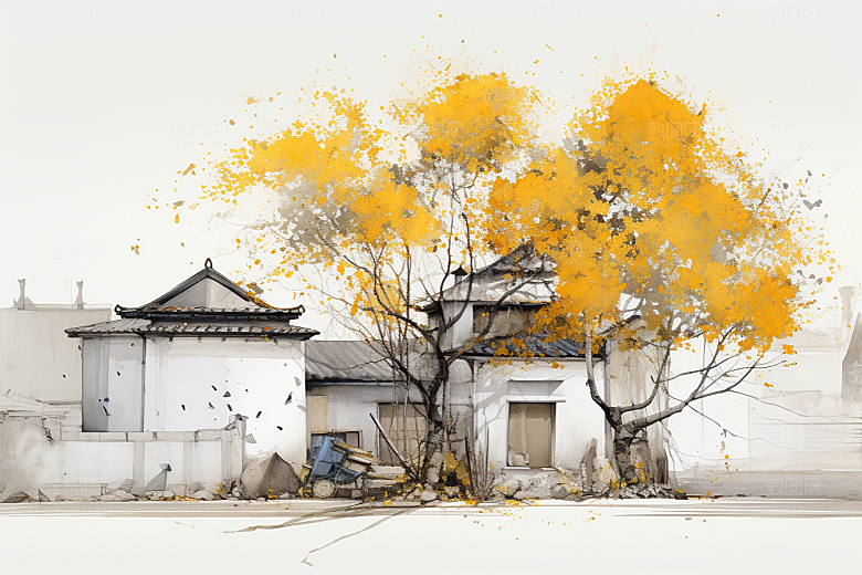 水墨江南小镇粉墙黛瓦插画