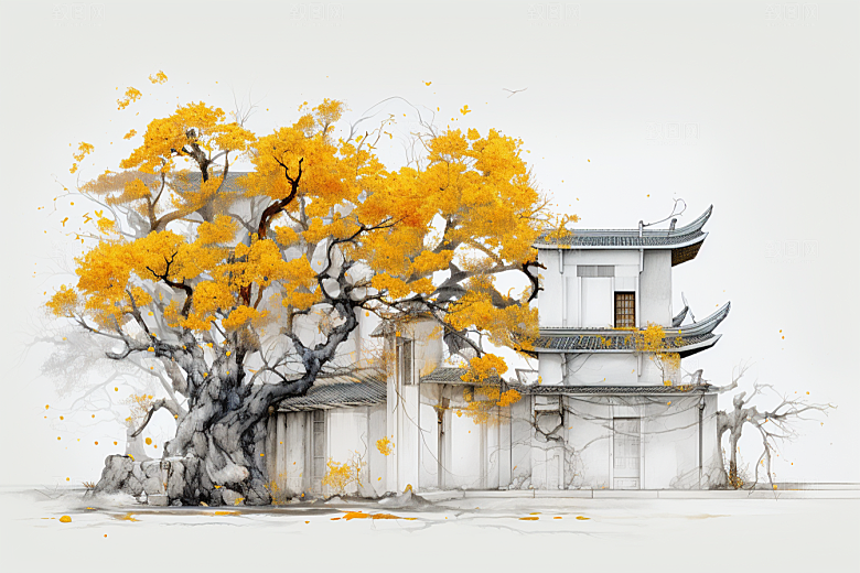 水墨江南小桥流水水彩插画