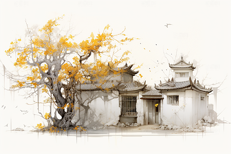 水墨江南水乡晕染插画