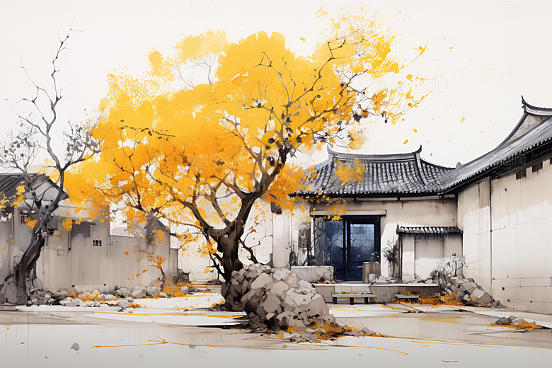 水墨江南手绘粉墙黛瓦插画