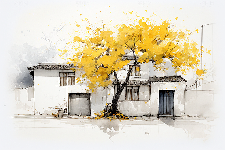 水墨江南粉墙黛瓦水彩插画