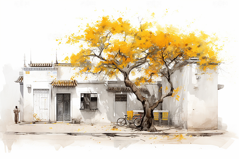 水墨江南粉墙黛瓦水乡插画