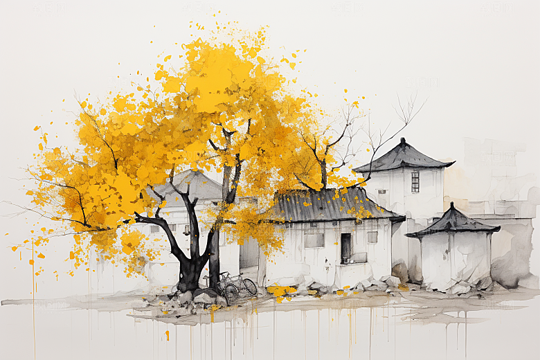 水墨江南晕染小镇插画
