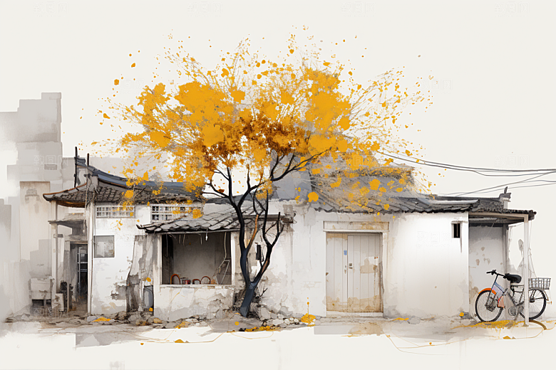水墨江南小桥流水水彩插画