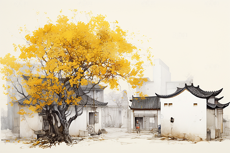 水墨江南小镇水乡插画