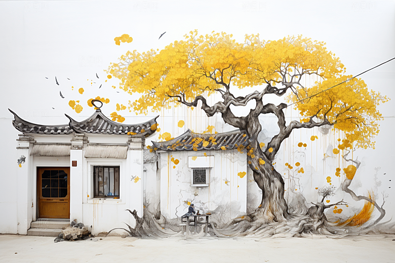 水墨江南小桥流水晕染插画
