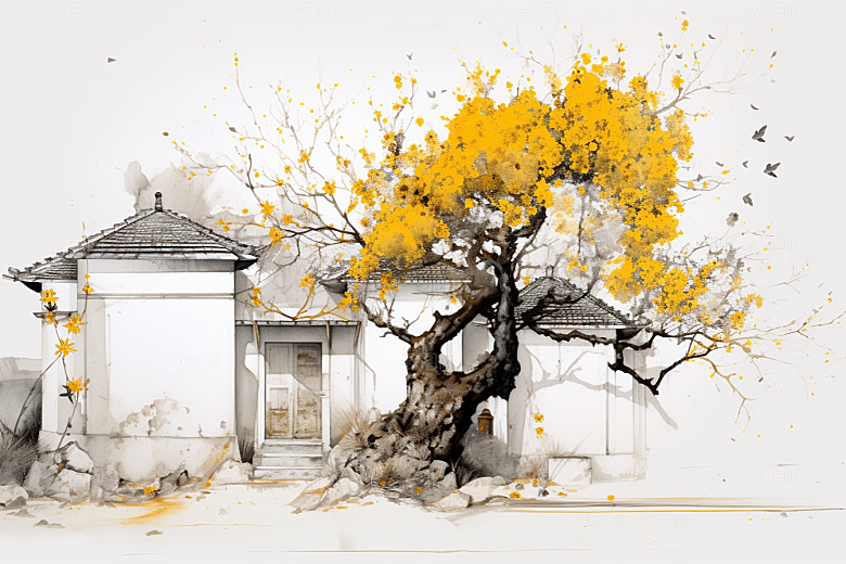 水墨江南小镇中式插画